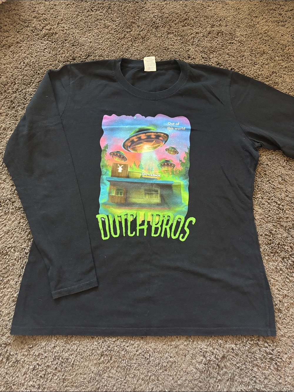 Dutch Bros Black Long-Sleeve Tee with Neon UFO Graphic